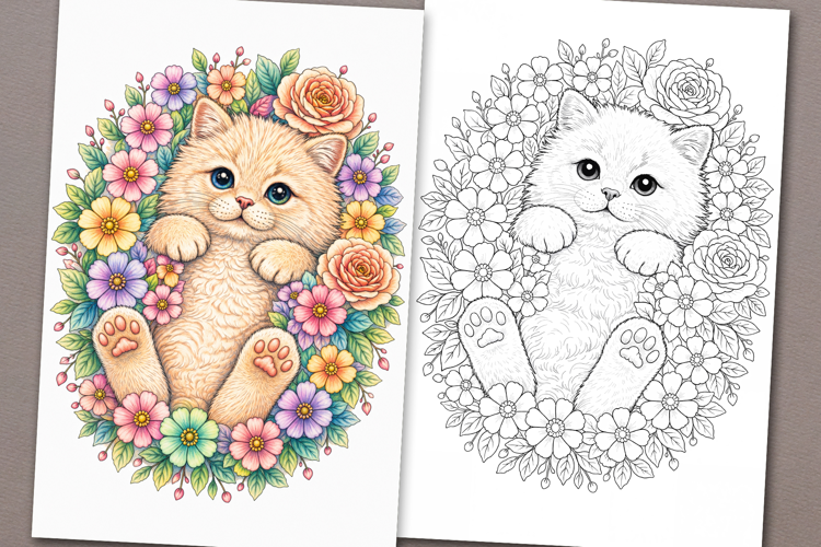 Cat coloring page for adults. Adult coloring book flowers