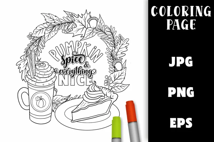 Coloring Page Fall Wreath - Pumpkin Latte and Spice