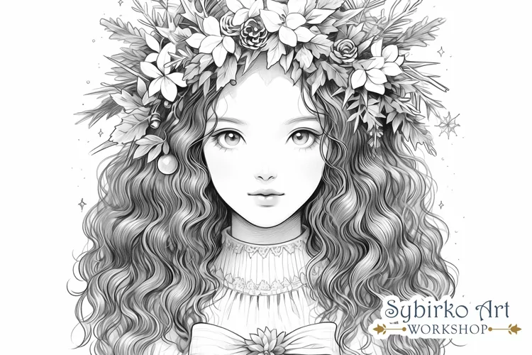 Vintage Christmas Girl Coloring Page. Adult Coloring Page.
