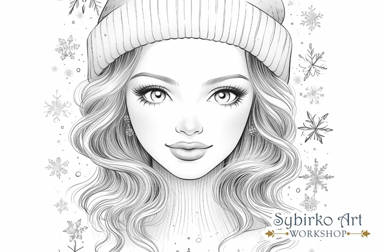 Cute Winter Girl. Christmas Coloring. Adult Coloring Page.