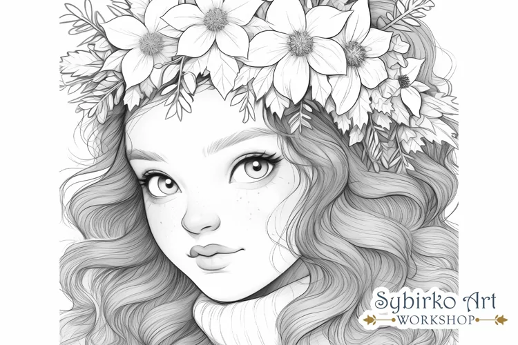 Winter Floral Girl Coloring Page. Adult Coloring Page.
