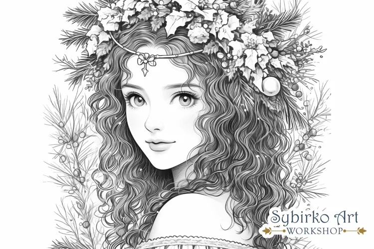 Vintage Christmas Girl Coloring Page. Adult Coloring Page.