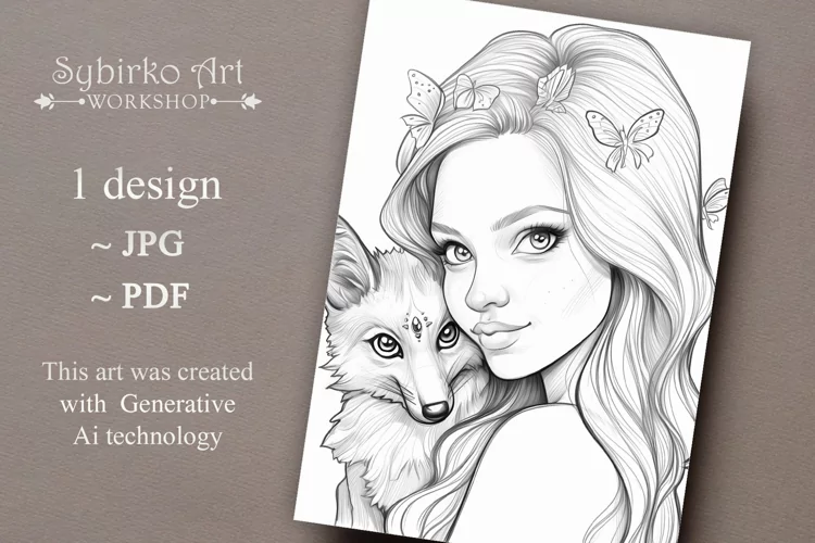 Butterfly Girl and Fox coloring page. Adult colouring page.