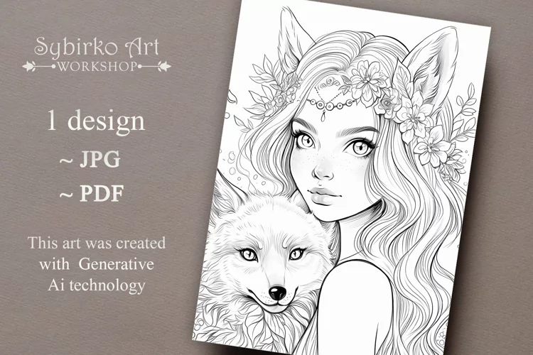 Wild Foxy Girl and Fox coloring page. Adult colouring page.