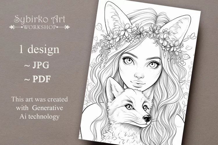 Floral Foxy Girl and Fox coloring page. Adult colouring page