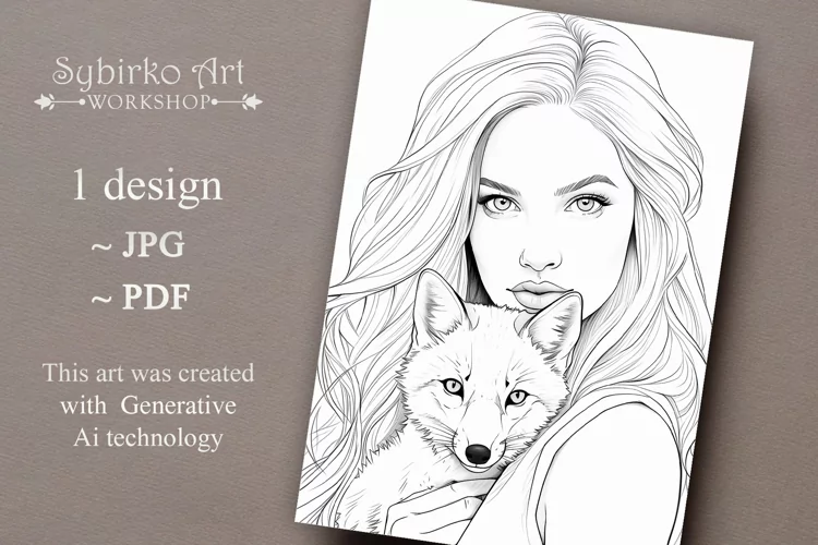Beautiful Lady and Fox coloring page. Adult colouring page.