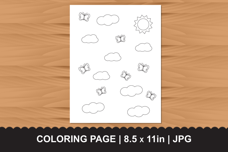 Simple Sky and Clouds Coloring Page with Sun and Butterflies