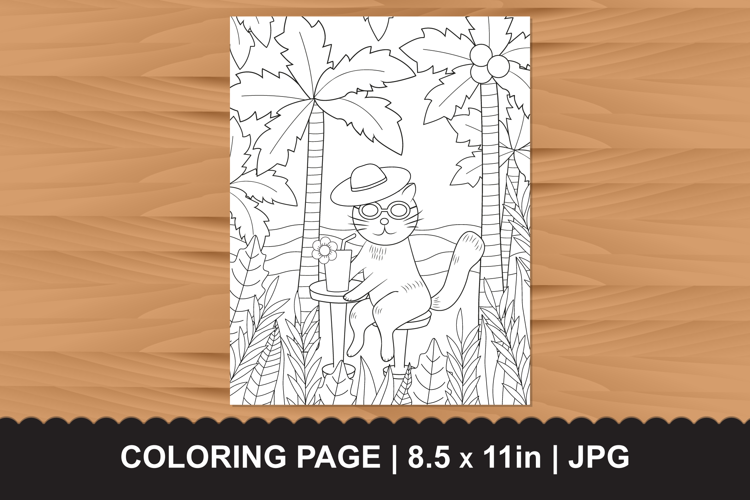 Cute Cat on Beach Vacation Coloring Page