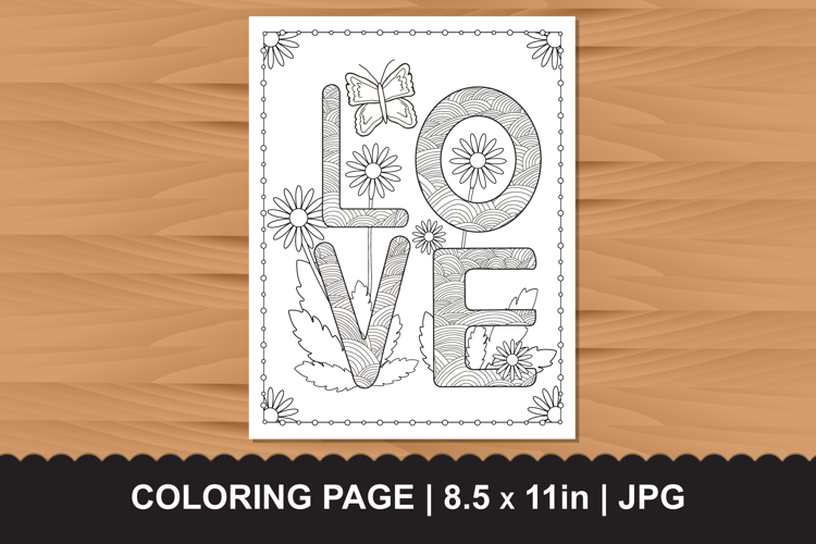 Love Word Coloring Page with Detailed Flowers and Butterfly