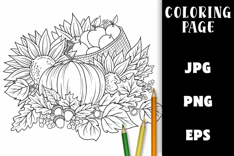 Coloring Page - Autumn Basket with Leaves & Fruit