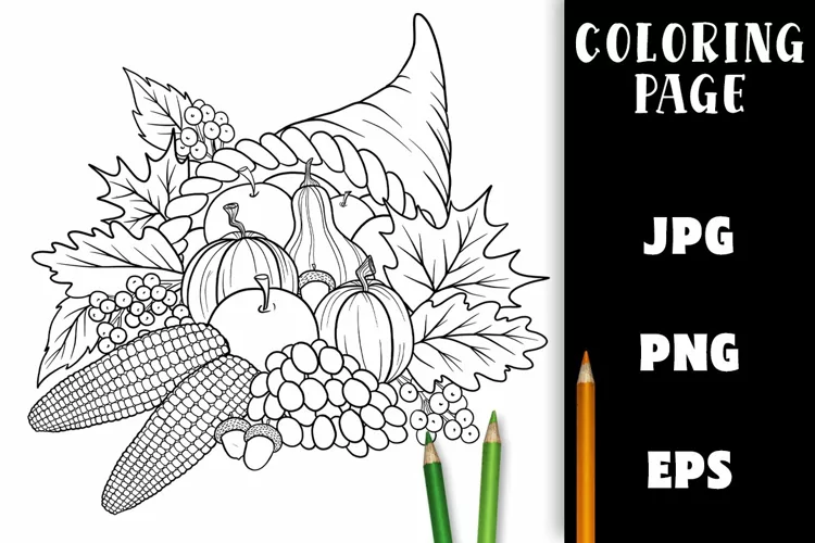 Cornucopia with Autumn Leaves - Coloring Page