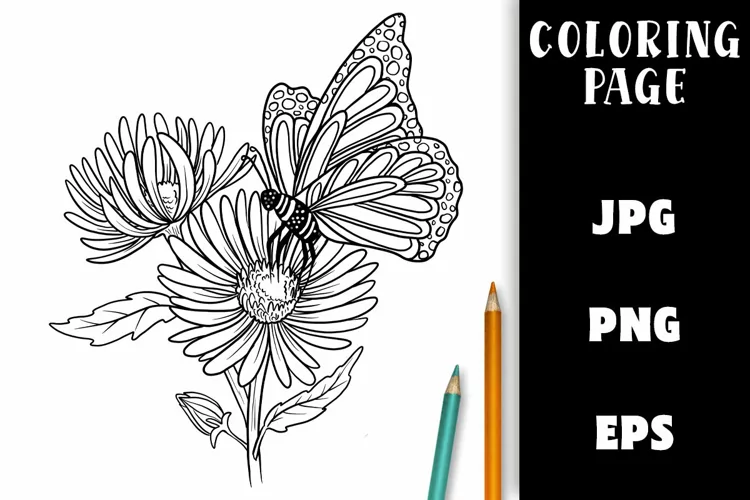 Coloring Page - Butterfly and Daisy