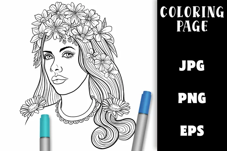 Pretty Girl with Flower Hair Coloring Page