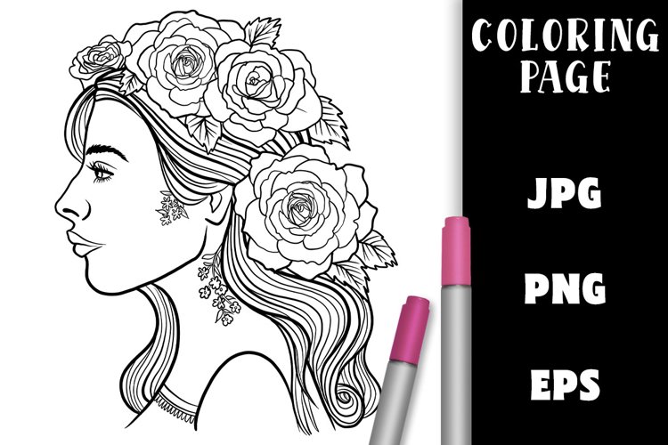 Pretty Girl with Flower Hair Coloring Page - Profile View example image 1