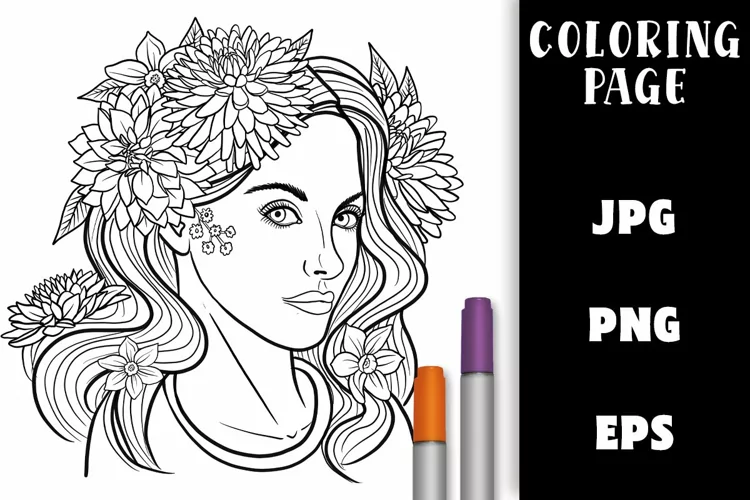 Pretty Girl with Flower Hair Coloring Page - Dahlias