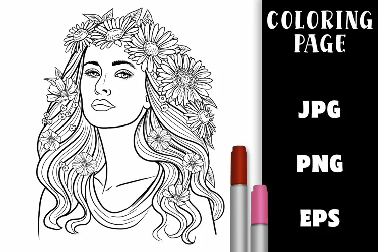 Pretty Girl with Flower Hair Coloring Page - Daisies