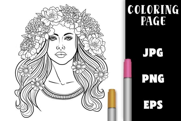 Pretty Girl with Flower Hair Coloring Page - Peonies