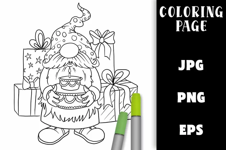 Gnome Coloring Page - Birthday Cake