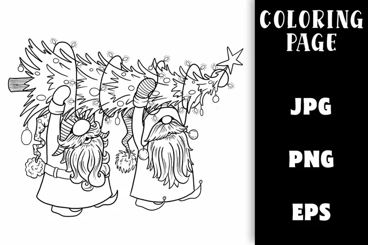 Christmas Coloring - Christmas Gnomes Carrying Xmas Tree