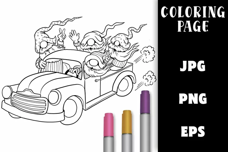 Gnome Coloring Page - Joy Ride Vintage Truck
