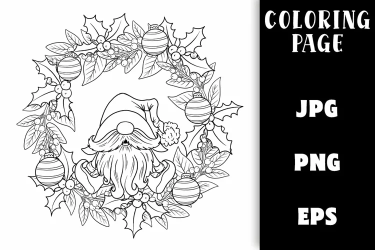 Christmas Coloring - Gnome on a Holly Wreath