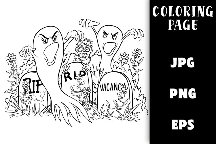 Halloween Ghosts & Zombies at Cemetery - Coloring Page example image 1