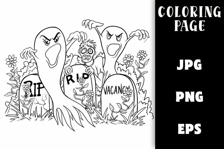 Halloween Ghosts & Zombies at Cemetery - Coloring Page