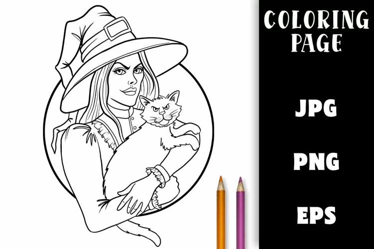 Halloween Witch & Cat - Coloring Page