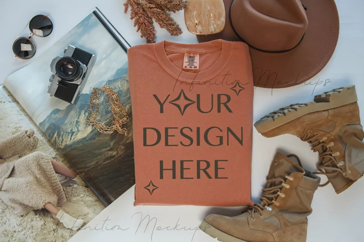 Comfort Colors 1717 folded mockup Yam tshirt flat lay