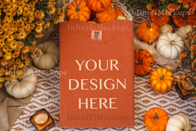 Comfort Colors 1717 Yam tshirt mockup Fall flat lay