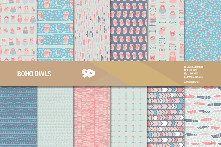Boho Owls Digital paper Pack. Scrapbooking pages, background