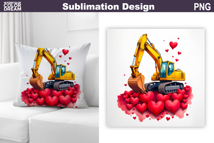 Valentine Excavator Sublimation | Construction Truck Pillow