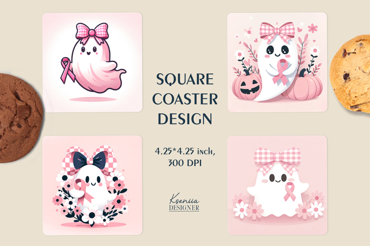 Pink Ghost Square Coaster| Breast Cancer Awarenes