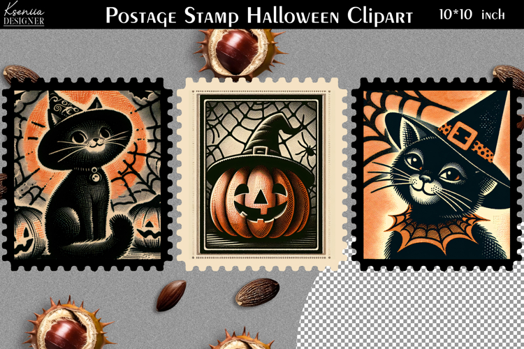 Vintage Postage Stamp Fall Halloween Clipart example image 1