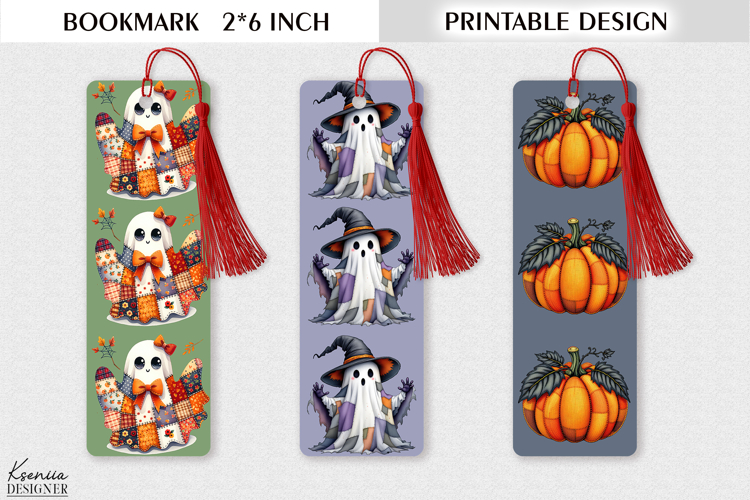 Printable Patchwork Ghost Bookmark Design - Cute Halloween