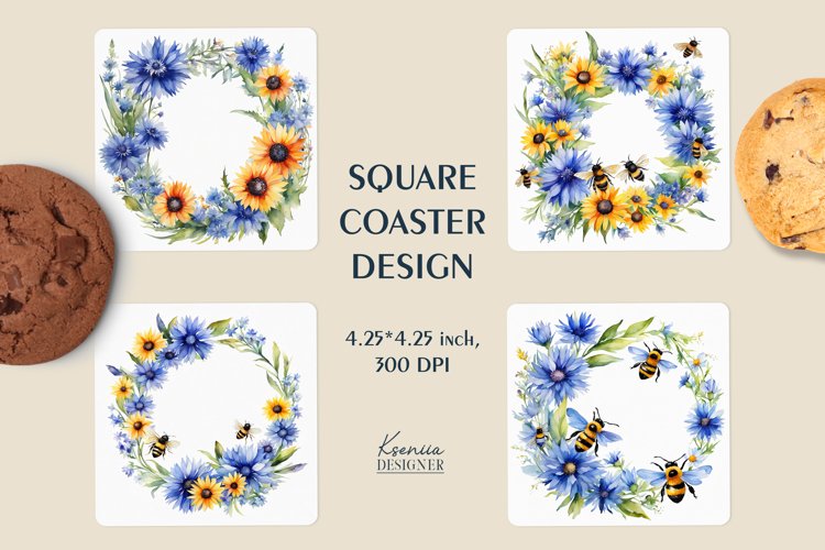 Watercolor Flower Wreath|Summer Square Coaster Sublimation example image 1