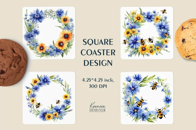 Watercolor Flower Wreath|Summer Square Coaster Sublimation