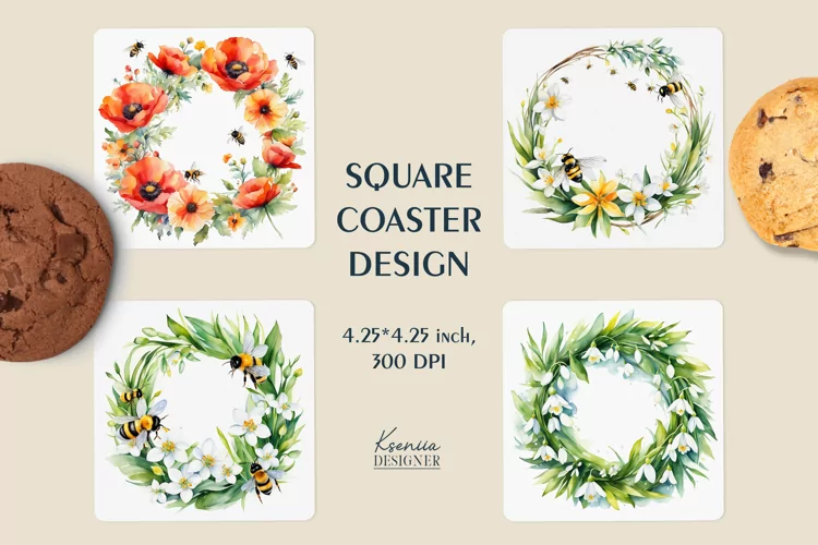 Watercolor Flower Wreath|Summer Square Coaster Sublimation