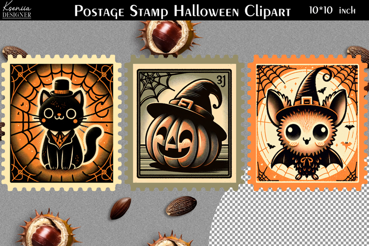 Vintage Postage Stamp Fall Halloween Clipart