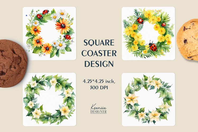 Watercolor Flower Wreath|Summer Square Coaster Sublimation example image 1