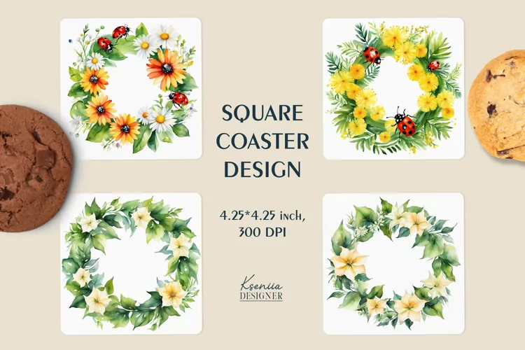 Watercolor Flower Wreath|Summer Square Coaster Sublimation