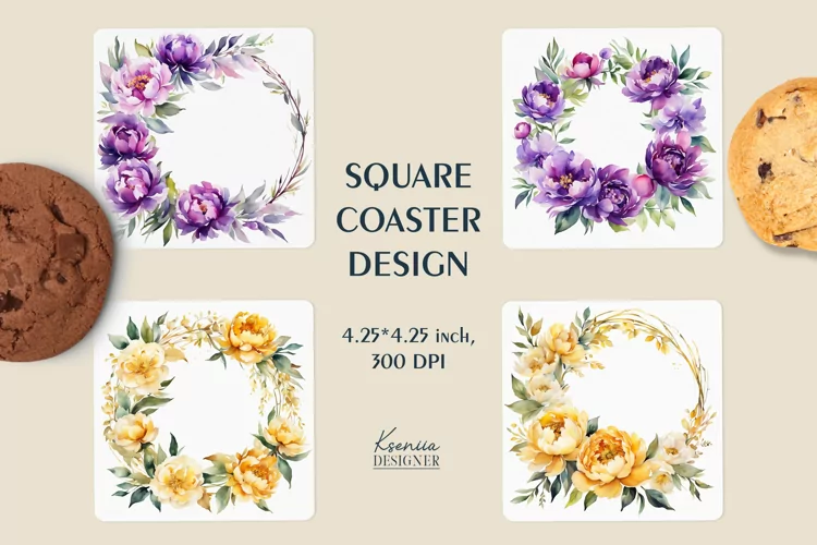 Watercolor Flower Wreath|Summer Square Coaster Sublimation
