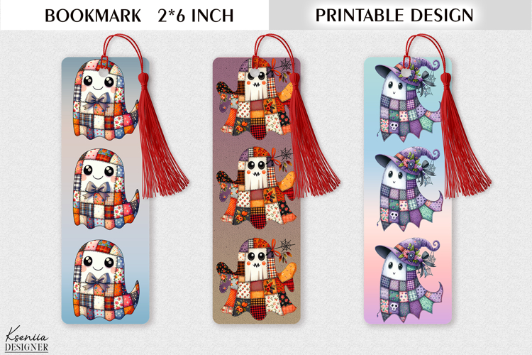 Printable Patchwork Ghost Bookmark Design - Cute Halloween