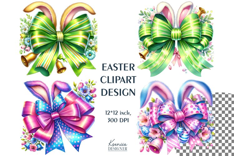 Watercolor Funny Bows with Bunny Ears| Easter Bow Clipart