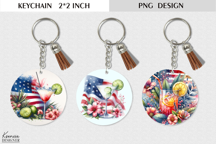 Watercolor Patriotic Floral Cocktail |Round Keychain Design