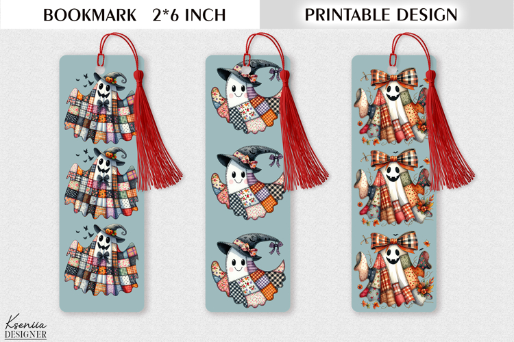 Printable Patchwork Ghost Bookmark Design - Cute Halloween