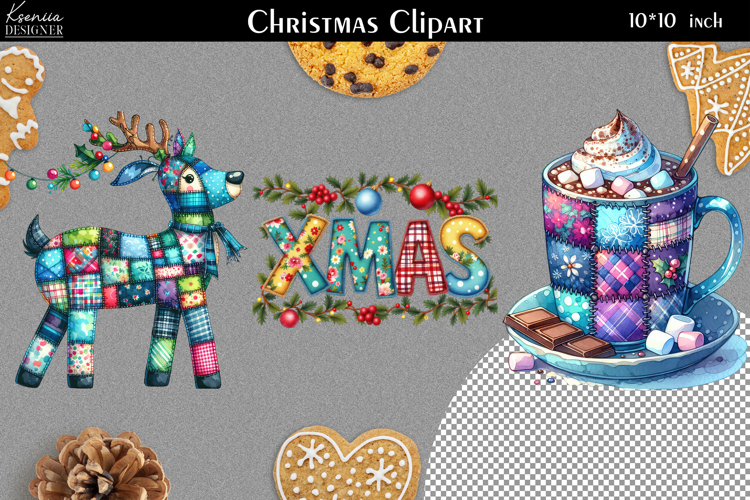 Patchwork Christmas Clipart|Quilted Christmas Design