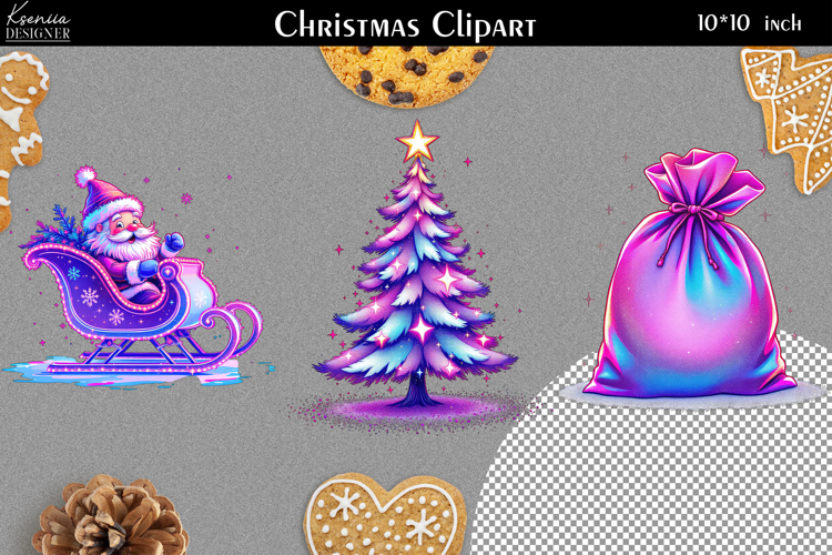 Iridescent Christmas Clipart|Neon Glitter Christmas Design