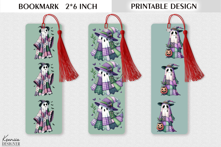 Printable Patchwork Ghost Bookmark Design - Cute Halloween