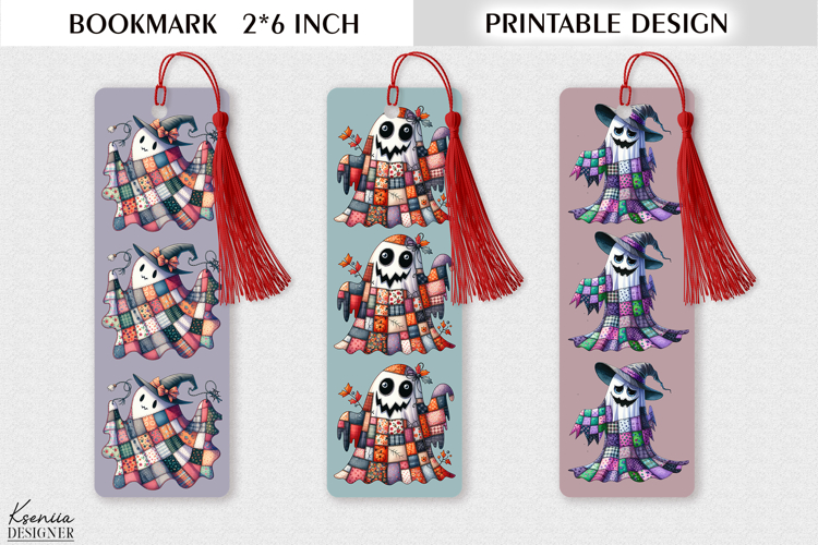 Printable Patchwork Ghost Bookmark Design - Cute Halloween